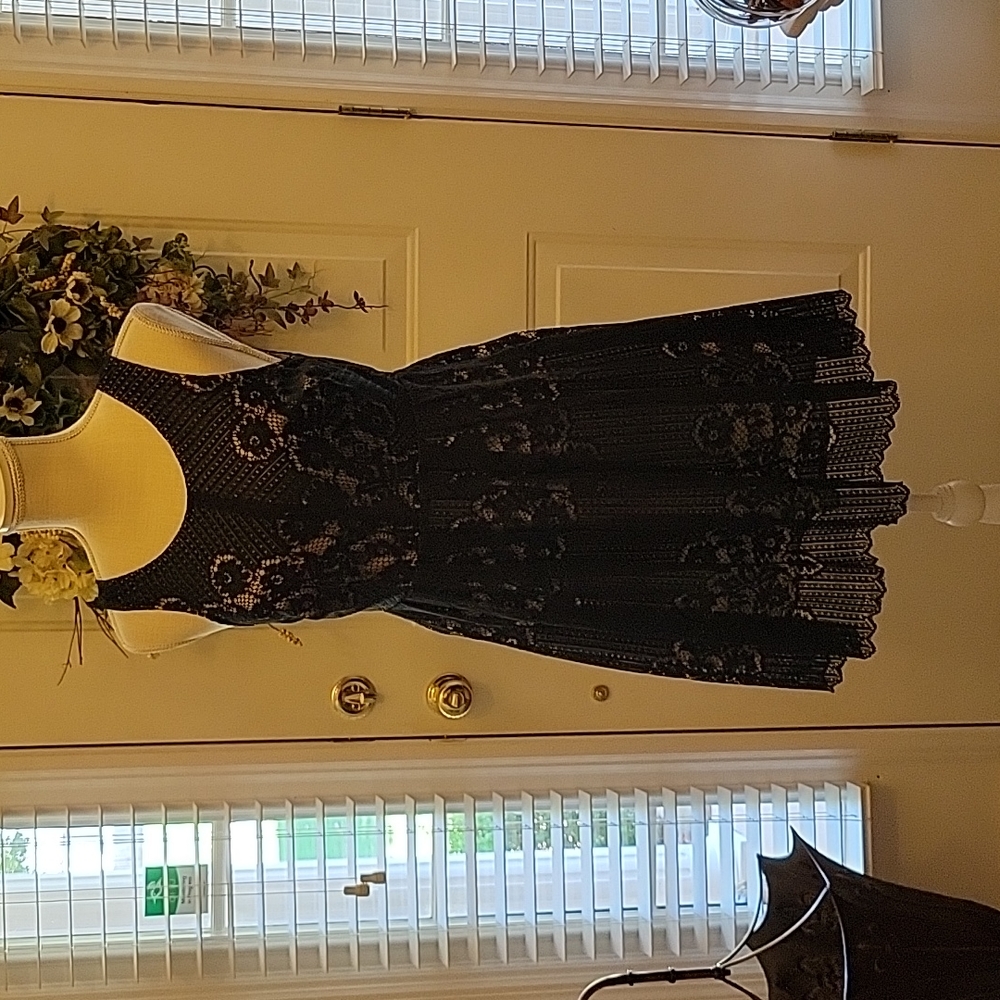 Free People black lace dress tan lining sleeveless cutout back pleated 6…EUC